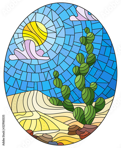 The illustration in stained glass style painting with desert landscape, cactus in a lbackground of dunes, sky and sun, oval image