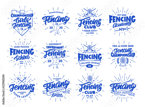 Set of vintage Fencing emblems and stamps. Blue badges, stickers on white background with rays