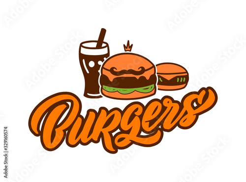 Burger emblem. Fast food badge, sticker on white background isolated.