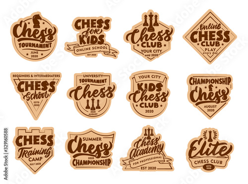 Set of Chess stickers, patches. Colorful badges, emblems, stamps on white background
