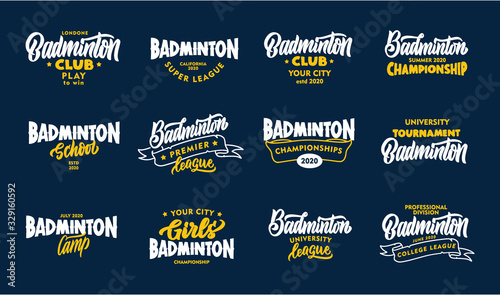 Set of vintage Badminton phrases. Emblems, badges, templates, stickers on blue background.