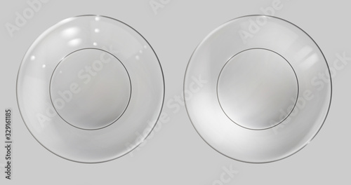 Glass plate, realistic bowl, glossy dish. Top view.
