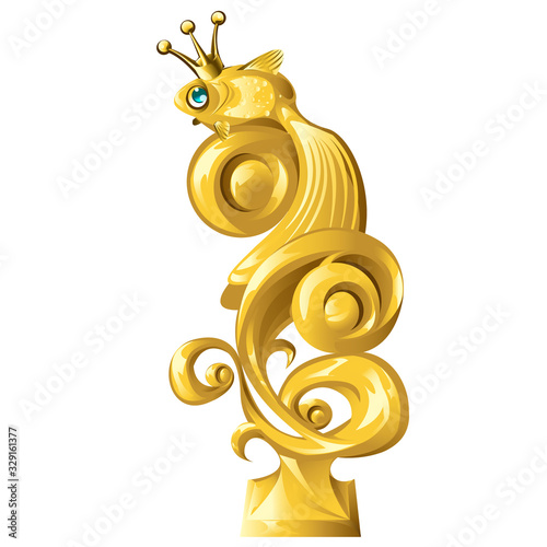 Fish figurine made of gold isolated on white background. Vector cartoon close-up illustration.