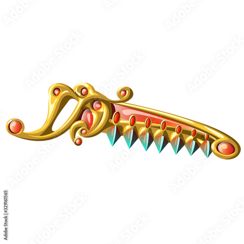 Golden brooch in the form of vintage hacksaw or handsaw isolated on white background. Vector cartoon close-up illustration.