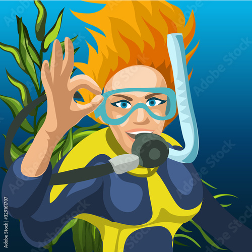 Sketch of a poster of a happy woman diver raising a hand with the ok sign. Vector cartoon close-up illustration.