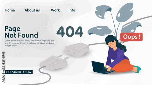 Banner Oops 404 error page not found Internet connection problems small woman with laptop trying to go online for websites and mobile apps Flat vector illustration