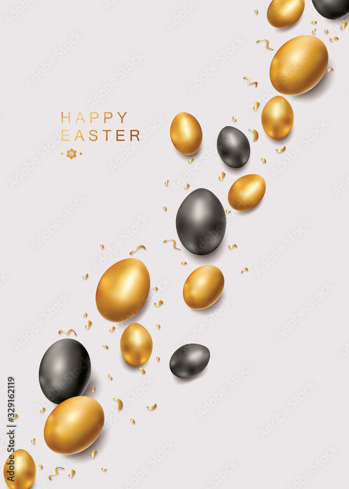 Dyed golden black eggs banner. Elegant Happy Easter card, poster with gold eggs decoration. top view, flat lay