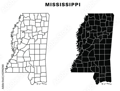 Mississippi Counties Map - Blank Map of Mississippi US State Black Silhouette and Outline With County Border / Boundaries Editable Vector Illustration photo