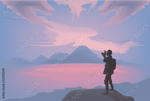The photographer is shooting the evening landscape,Near the end of  the sun's light. Vector illustration.