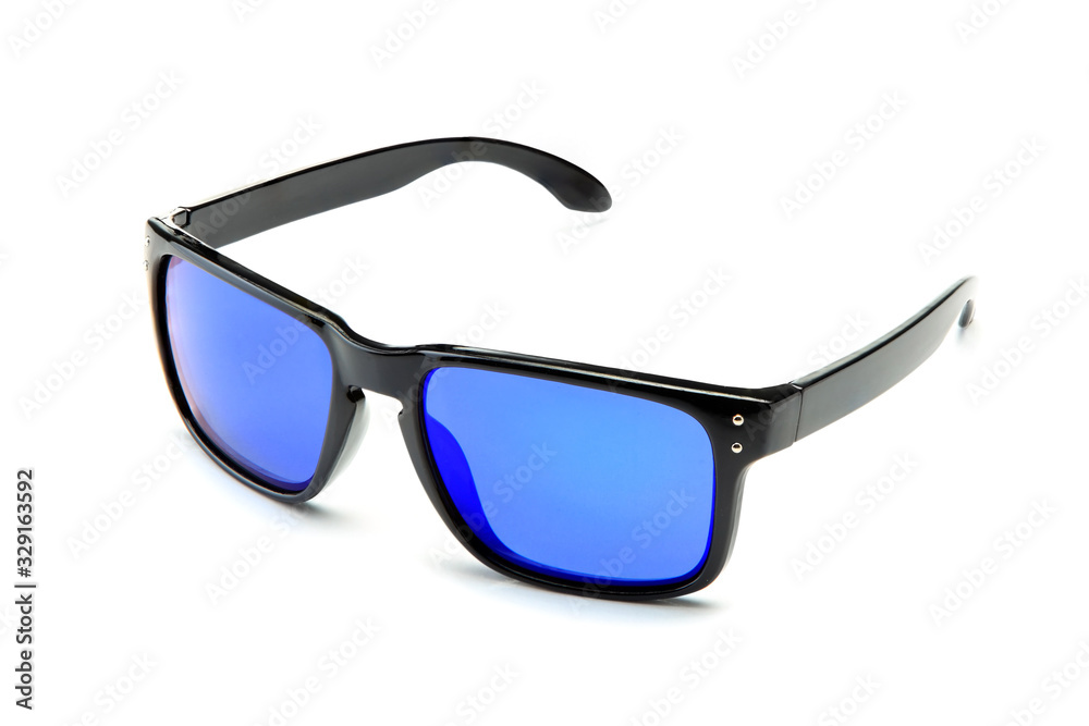 Classic black sunglasses with blue mirror lenses Classic black sunglasses with blue mirror lenses