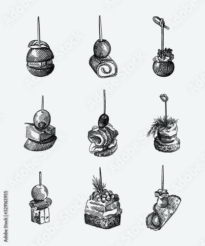 Hand-drawn set of canapes. Olive, grape, tomato, rolled ham and sausage, salmon, shrimp, bread, cheese, cheesy cream, caviar, cucumber on toothpicks