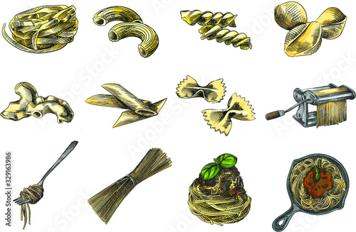 Colorful set of different kinds of pasta and spaghetti. Fettuccine, sedanini rigati, girandole, conchiglioni rigati, pipe rigatti, mezze penne rigate, farfalle, spaghetti rolled on a fork, spaghetti