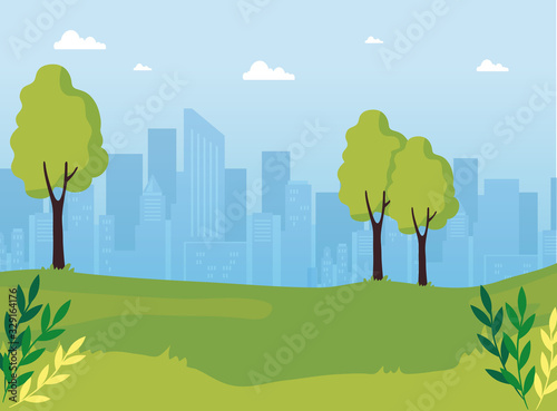 park nature with urban landscape vector illustration design