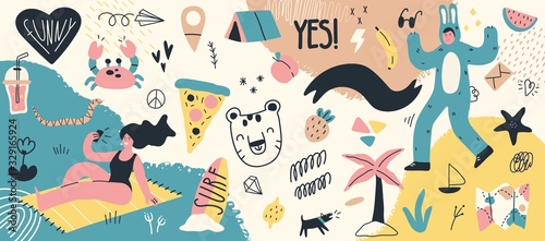 Collection of summer holiday, travel, beach vacation, tropical party decorative design elements isolated on white background. Flat cartoon colorful vector illustration.