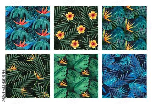Seamless set. Bright tropical patterns with jungle plants. Exotic backgrounds with tropical leaves