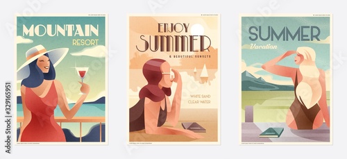 Retro Design Summer Holiday and Summer Camp poster. Girl relaxing on the beach. Vector