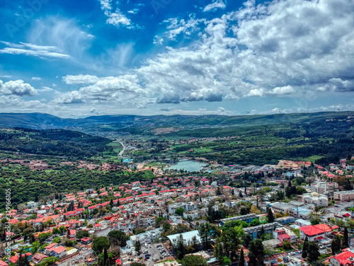 Aerial view of Maalot , Israel with water and communication tower in sight 