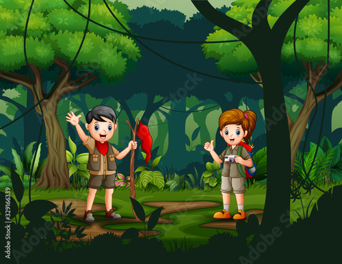 Scene with children exploring nature illustration