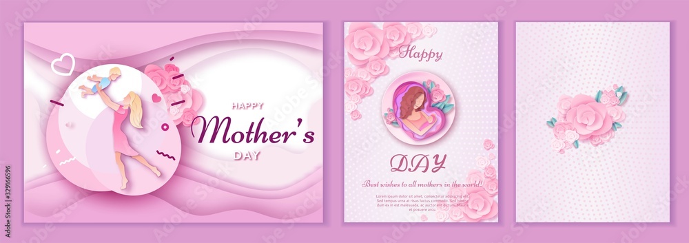 Mother's day origami paper art greeting card set in trendy style with frame, patterns, flowers, woman holding baby silhouette, Colorful carved vector illustration