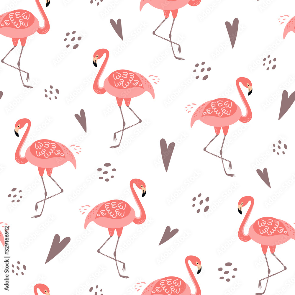 Cute pink flamingo seamless pattern template. Pink flamingo for girls party, girly design love heart vector