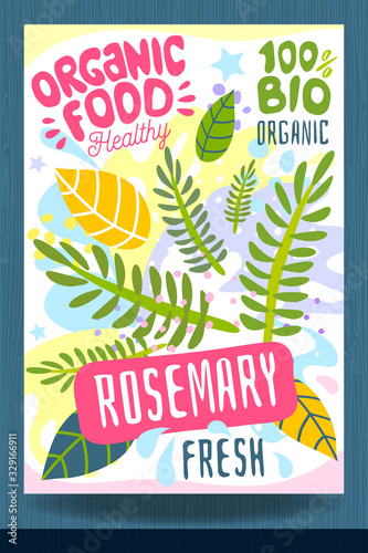 Abstract splash Food label template. Colorful brush stroke. Vegetables  herbs  spices  package design. Rosemary  green. Organic fresh.