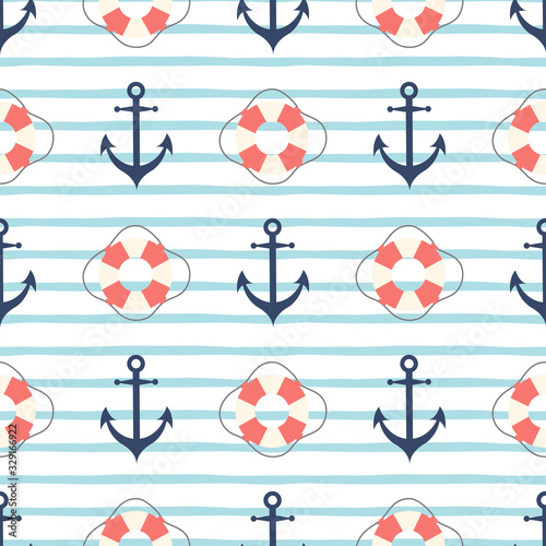 Anchor, lifebuoy seamless sea pattern Cute cartoon sailing marine background Blue stripped print vector