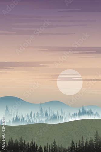 Vertical mountain landscape with silhouettes of misty pine trees in forest with sunrise, Peaceful panoramic natural in minimalist style, Natural background concept