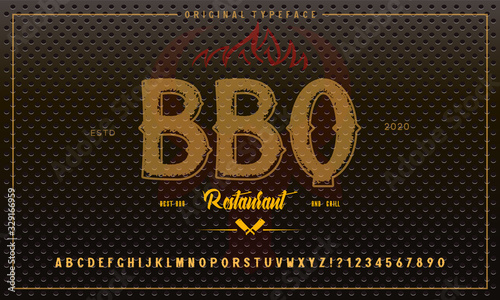 Hand Made Font 'American Grill'. Custom handwritten alphabet. Retro textured hand drawn typeface with grunge effect. Vector illustration. Letters and Numbers. Original Design.