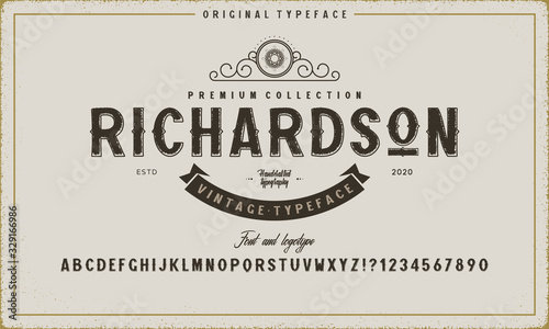 Retro alphabet font. Serif type letters, numbers and symbols. on a dark distressed scratched background. Stock vector typography for labels, headlines, posters etc.