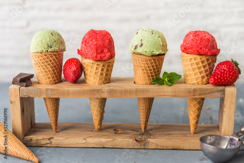 Ice cream of mint and chocolat and strawberry