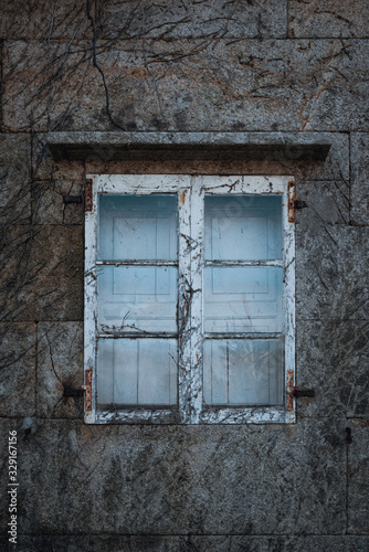 Window frame in stone wall.