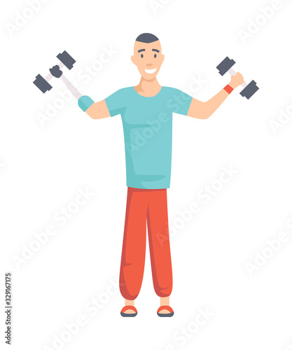 Athlete with Arm Prosthesis lifts dumbbells. Active Amputee Man Training. Disabled Character with Amputated Limb Rehabilitation, Recovery Exercise. Cartoon Flat Vector Illustration