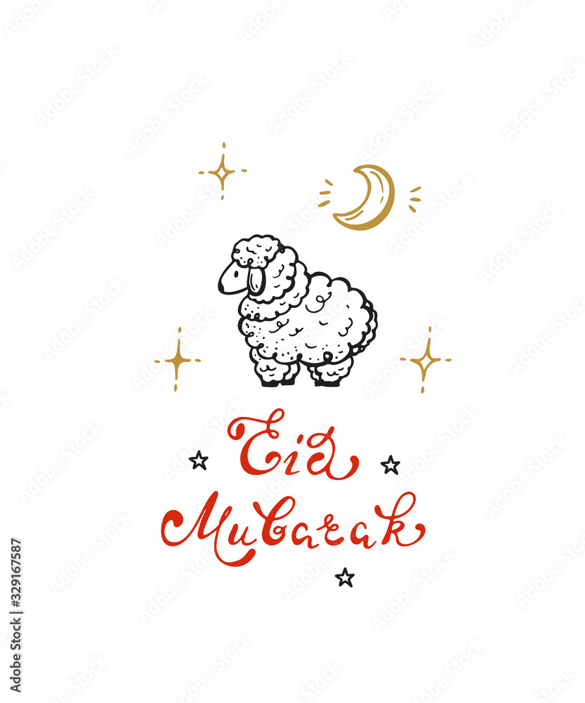 Fototapeta premium Eid Mubarak Handwritten Lettering with Hand Drawn Doodle Sheep. Greeting Card Template for Muslim Community Festival of Sacrifice Eid-Ul-Adha. Vector Illustration