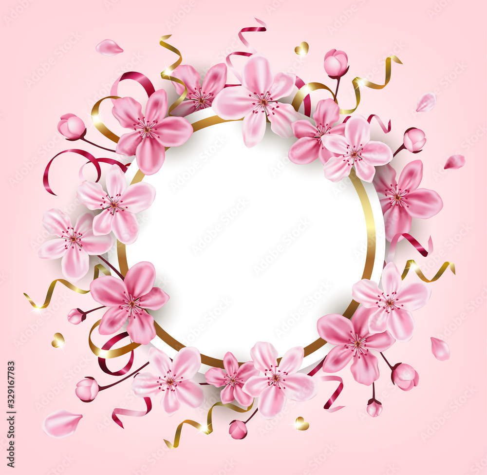 Golden frame with pink cherry flowers.