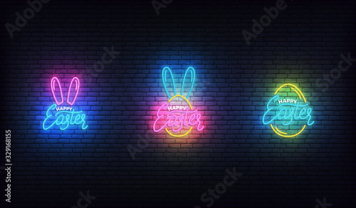 Easter neon lettering sign badges. Set of glowing colorful lettering logo for Easter
