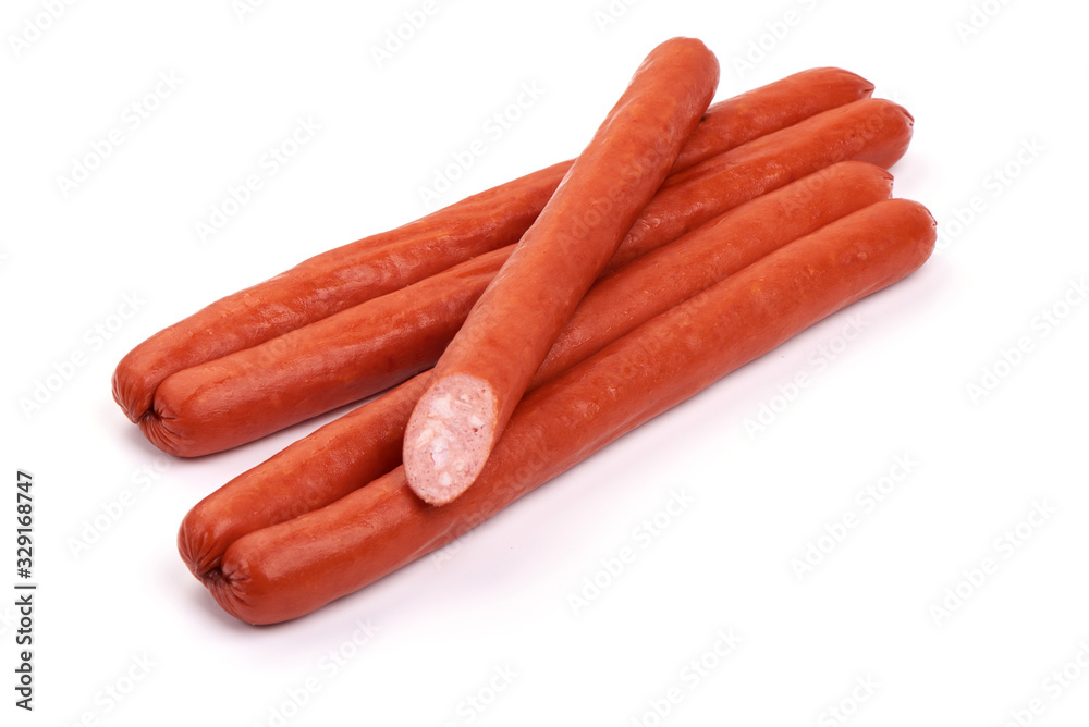 Thin Smoked Sausages, isolated on white background Thin Smoked Sausages, isolated on white background