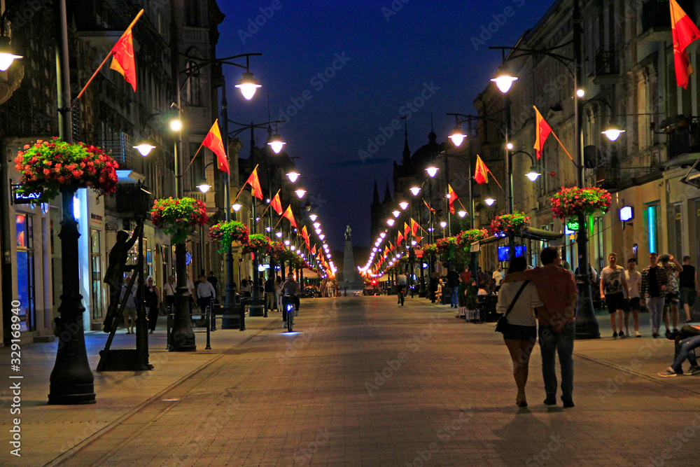 Central street of Lodz Piotrkowska in evening