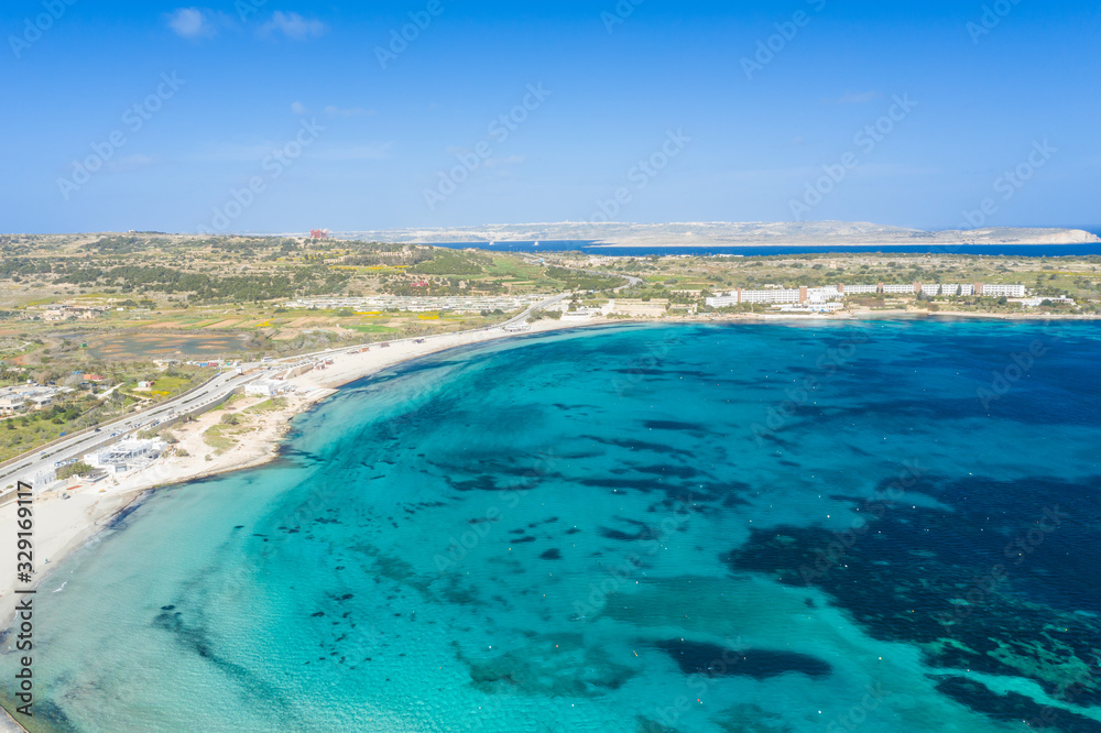 Aerial view of the famous Mellieha Bay in Malta island