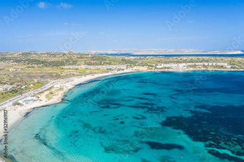 Aerial view of the famous Mellieha Bay in Malta island