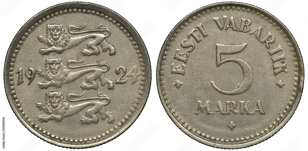 Estonia Estonian coin 5 five marka 1924, three lions left divide date,  country name and denomination, Stock Photo | Adobe Stock