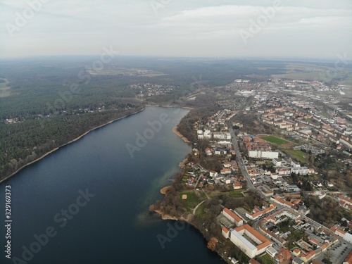 Aerial view of Strausberg town with Straussee