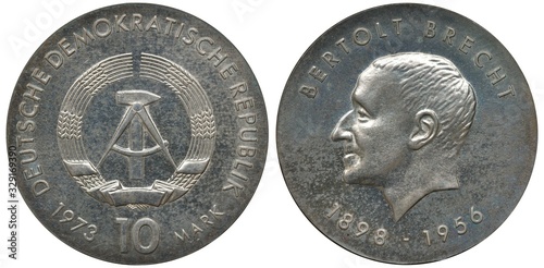 East Germany German silver coin 10 ten mark 1973, subject German theatre practitioner and playwright Bertolt Brecht 75th Anniversary, arms, hammer and compass flanked by grain stalks, head left photo