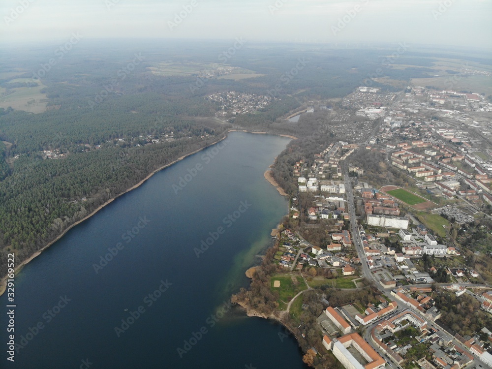 Aerial view of Strausberg town with Straussee