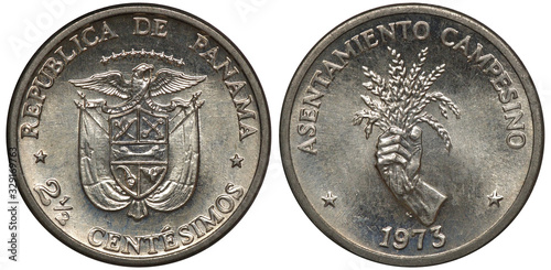 Panama Panamanian coin 2-1/2 two and a half centesimos 1973, shield with designs in front of draping flags, bird on top, hand with grain stalks, date below,  photo