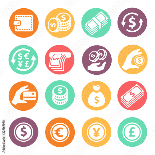 Money colored icons set. Coins, hand with credit card, euro dollar sigh, ATM