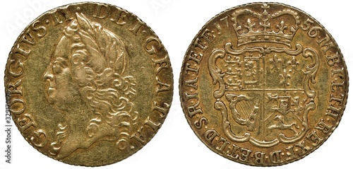 Great Britain British golden coin 1/2 half guinea 1756, laureate head of King George II left, crowned shield with designs and circular inscription, photo