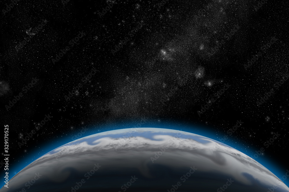 Big blue planet on the starry sky. Background Universe. horizontal orientation.