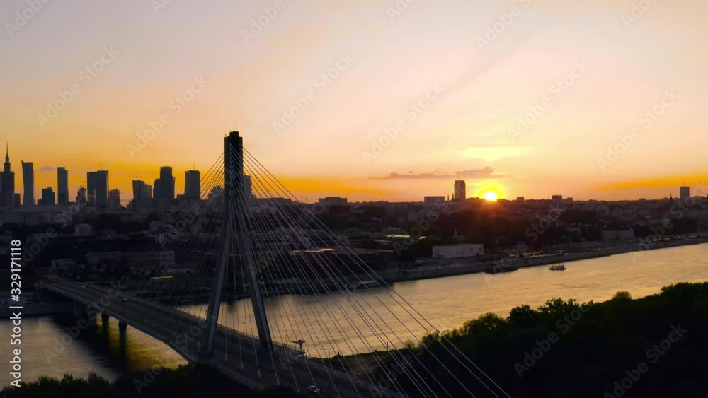 Drone 4k. Beautiful sunset view of Warsaw city in Poland. Drone 4k. Beautiful sunset view of Warsaw city in Poland.