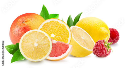 citrus mix with raspberries isolated on a white background