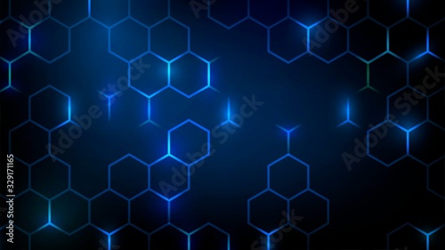 Abstract technology dark background with blue luminous hexagons